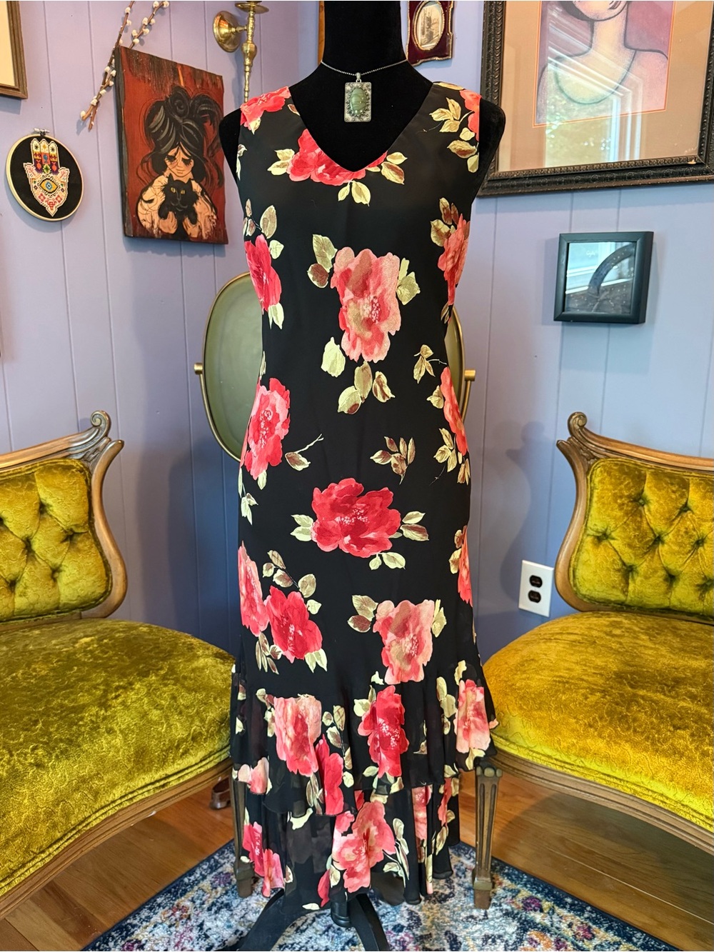 Vtg 1990s Petite Sophisticate Floral Whimsigoth Coquette Midi Dress  Size 12